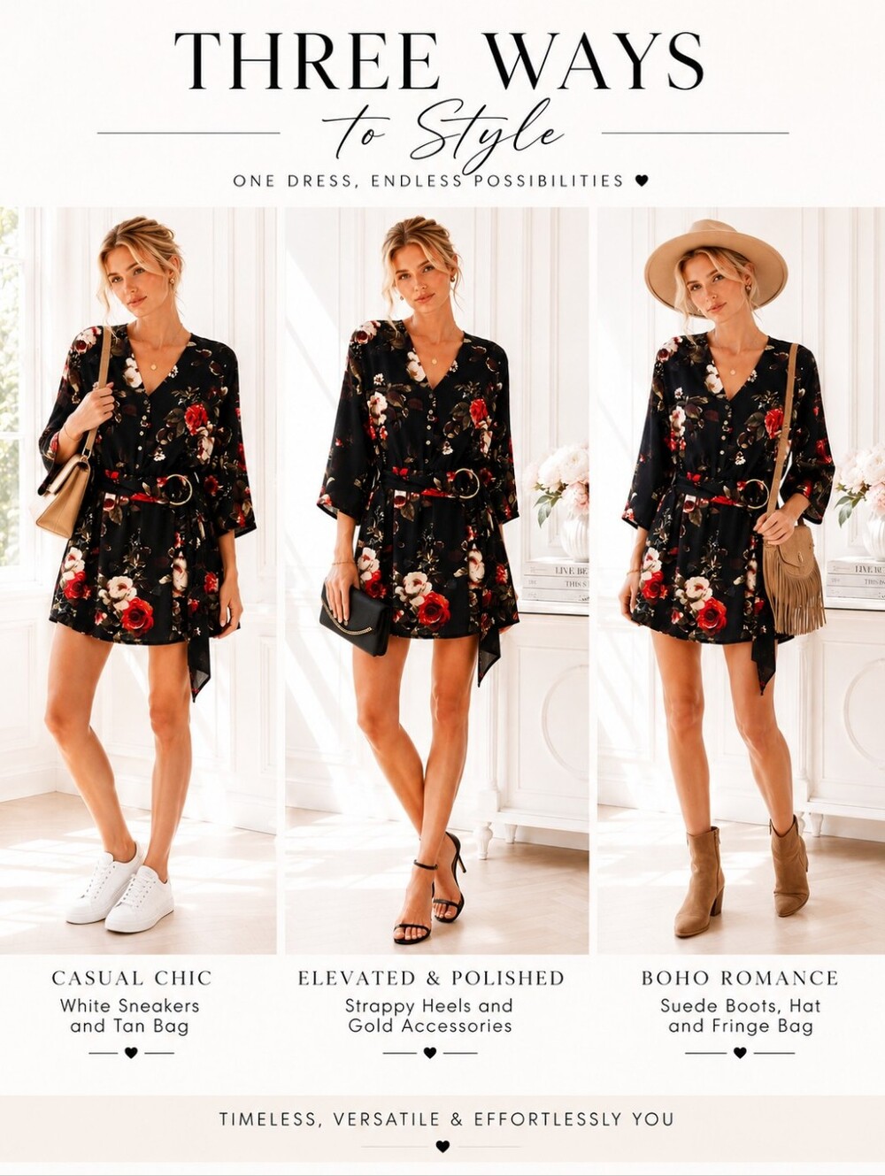 J for Justify Black Floral Mini Dress L Belted V Neck 3/4 Sleeve Romantic - Picture 3 of 11